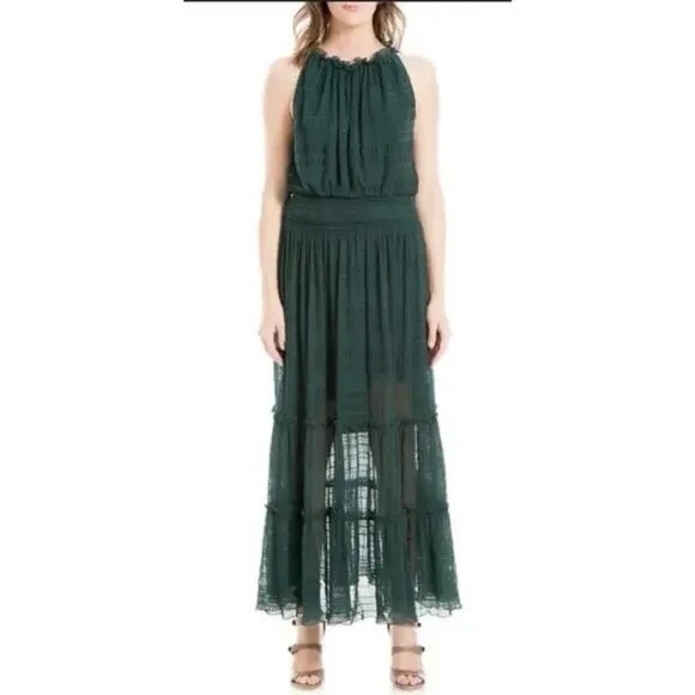 Max Studio • Mock Neck Lace Chiffon Emerald Green Mesh Dress Large NWT